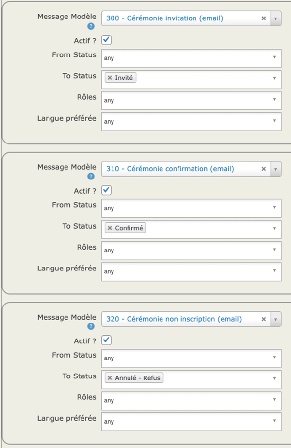 Association Message - Statut pour cérémonies