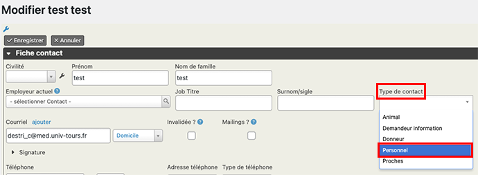 Modifier le type de contact personnel